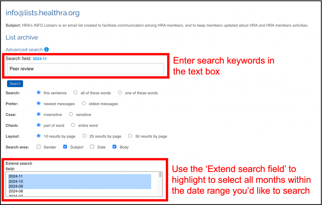 Screenshot of Advanced Search screen within the HRA Info listserv archives. The keyword search box (top) and the 'Extend search field' (bottom) sections are highlighted. The Extend search field should be used to select all months within the date range you'd like to search.