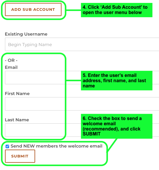 Screenshot of Add Sub Account user menu